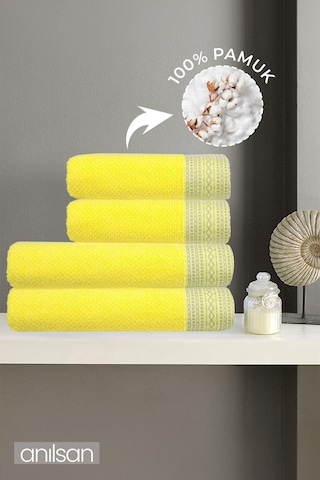 %100 Pamuk 4'lü Sarı Havlu Seti - 2 Adet El Havlusu Ve 2 Adet Banyo Havlusu Sarı