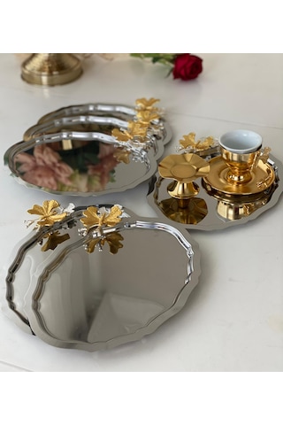 Paslanmaz Çelik Kelebek Aksesuarlı Oval Model 6 Adet Sunum Tepsisi Gümüş