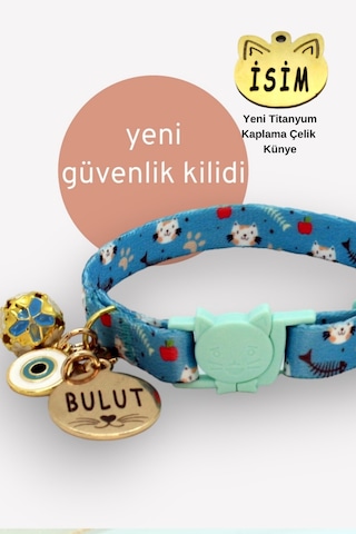 Caramelos Güvenlik Kilitli Kedi Tasması İsimli Kedi Tasması Mavi