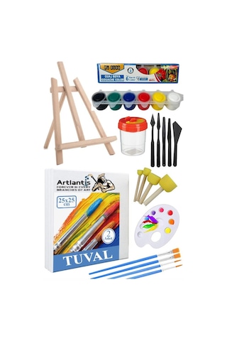 25x25 Tuval Seti 1 Paket Masa Üstü Şövale Mydido Akrilik Boya Plastik Spatula Resim Fırçası Palet Ponpon Sünger Fırça