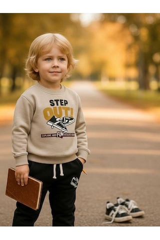 Zekids Erkek Çocuk Pamuklu Step Out Baskılı Eşofman Takımı-16348 Taş