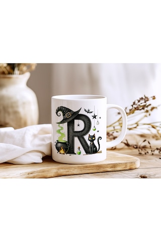 R Harfli Halloween Kedili Figür Kupa Bardak - Şapkalı Ve Kazanlı İsme Özel Kupa - Hediye 07 Beyaz