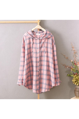 Pembe Güneş Koruyucu Gömlekler Kadın Kapşonlu Ekose Uzun Kollu Bol Üstler İnce Paltolar Hırkalar Pembe