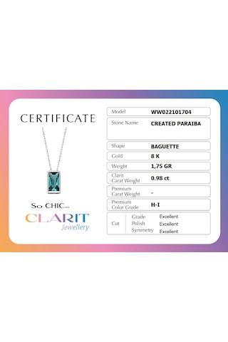 Clarit Serisi Created Paraiba Taşlı 8 Ayar Beyaz Altın Baget Kolye