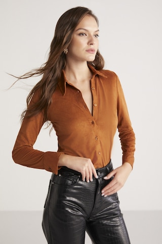 Ethıquet Peyton Kadın Slim Fit Dar Kesim Suni Süet Klasik Örme Taba Gömlek