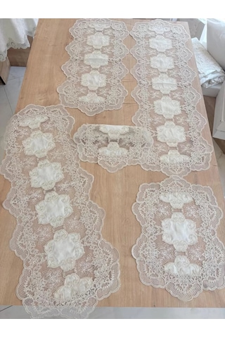 Salon Takımı Çeyizlik Krem Runner Set 5 Parça Keten Ranır Masa Konsol Sehpa Örtüsü Orkide Çok Renkli