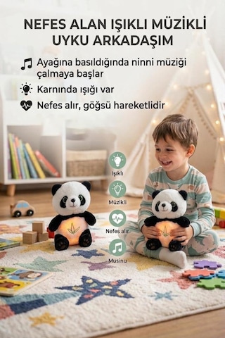 Nefes Alan Işıklı Ve Müzikli Panda Uyku Arkadaşım Ritmik Hareketli 30 Cm Oyuncak Peluş Hayvan