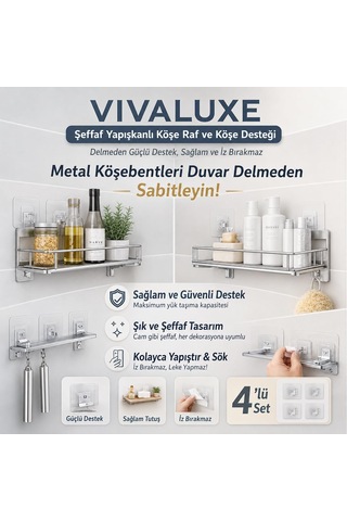 Vıvaluxe Şeffaf Yapışkanlı Duvar Askısı 4'lü Set