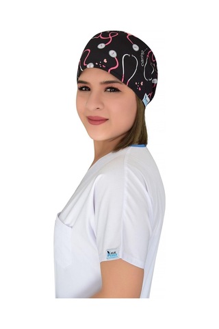 Unisex Steteskop Desenli Doktor Hemşire Hastane Cerrahi Bonesi Beyaz Beyaz
