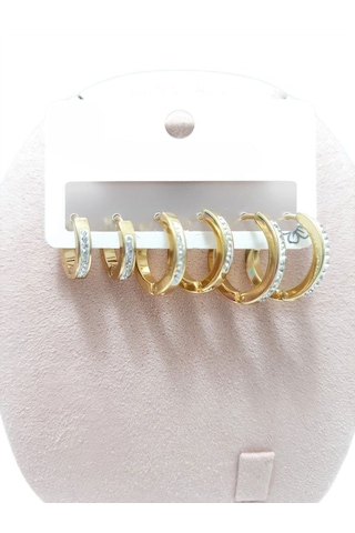 Çelik Küpe 3'lü Zirkon Taşlı Köşeli Halka Model Küpe 4 Mm Kalınlık Altın Sarısı Gold Gold