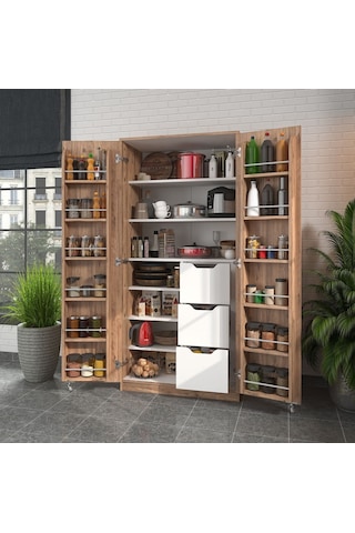 165 Derece Açılabilir 2 Kapaklı, 3 Çekmeceli, Kavanoz Raflı Kiler Ve Erzak Mutfak Dolabı Atlantik Çam
