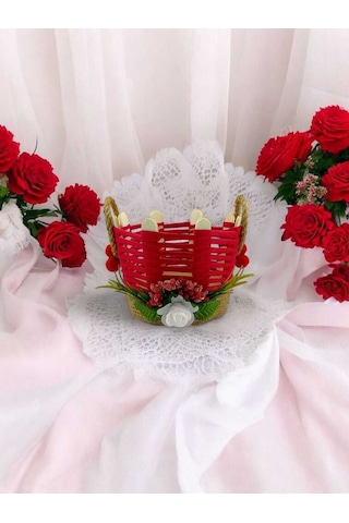 Çok Amaçlı Sepet Hasır El Yapımı Organizer Takı Kutusu Komodin Makyaj Banyo Kırmızı