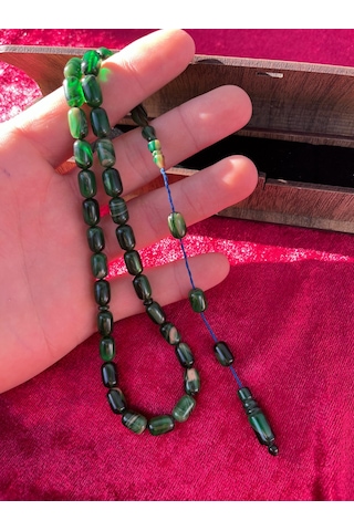 Özel Kutulu Dalgalı Yeşil Ateş Kehribar Model Püsküllü Tesbih