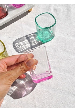6 Adet Dip Renkli Cam Mini Kahve Yanı Su Bardağı 75 Ml Su Bardak