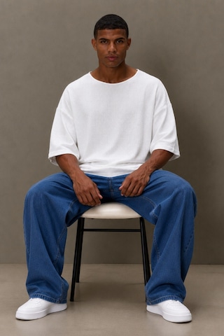 Tarz Cool Erkek Oversize Keten Görünümlü Basic Tişört Salaş Kesim Bisiklet Yaka Günlük Streetwear T-shirt Beyaz