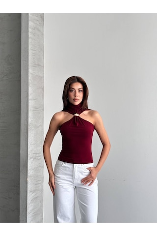Kadın Gold Aksesuar Detaylı Halter Yaka Bluz Bordo