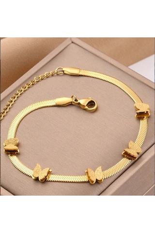 Altın Renk Zarif Ve Şık Tasarım Ezme Italyan Zincirli Kelebek Stil Çelik Bileklik Gold