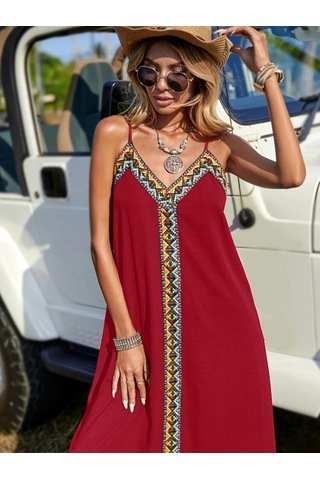 Kadın Askılı V Yakalı Etnik Şerit Detaylı Uzun Viskon Elbise Kırmızı