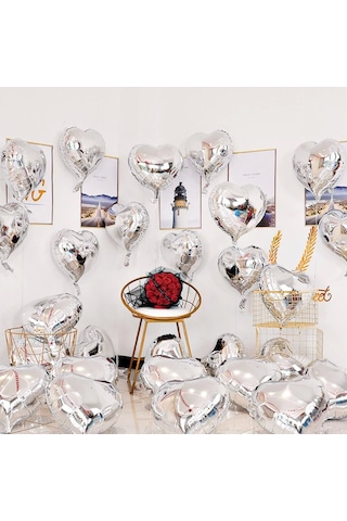 Metalize Parlak Gümüş Şekilli Kalp Uçan Balon Folyo 45 Cm 10 Adet