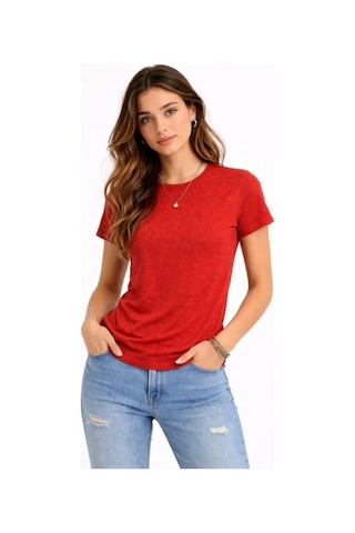 Efnaz Style Flam Kumaş Melanj Dokulu Regular Fit Tişört Bisiklet Yaka Yazlık T-shirt - Kiremit
