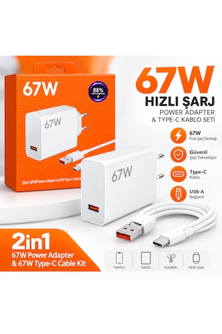 67w Hızlı Şarj Adaptörü Ve Type-c Kablo Seti BEYAZ
