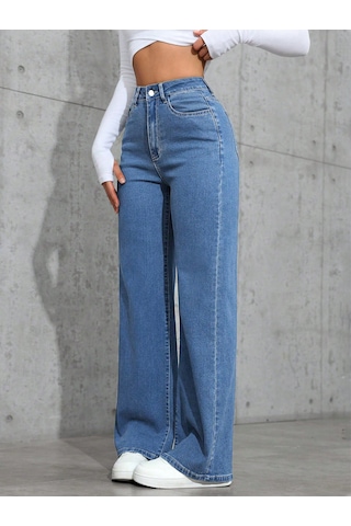 Orta Mavi Palazzo Pantolon Wide Leg Yüksek Bel Denim Jeans Orta Mavi