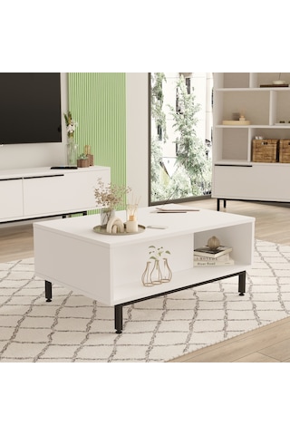 Robin Home Lidya Orta Sehpa Metal Ayaklı Kapaklı Beyaz