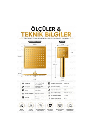 Premium Gold 20x20 Cm Kare Yağmur Duş Başlığı Ve El Duşu Seti Paslanmaz Çelik Yüksek Basınçlı Lü Çok Renkli