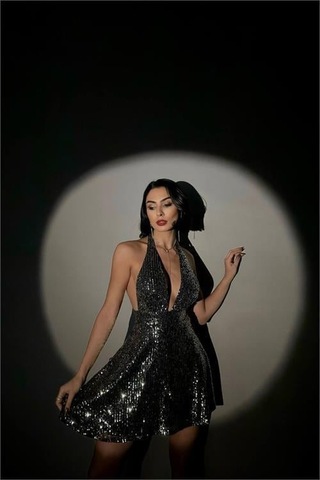 Kadın Gri Halter Yaka Payet Elbise Dpnbdf046 Gri