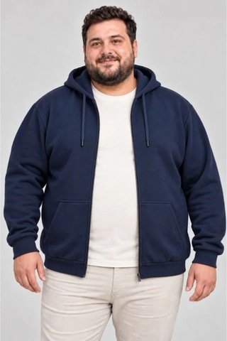 Butik İstanbul Erkek Battal Büyük Beden Üç İplik İçi Şardonlu Kapüşonlu Tam Fermuarlı Kışlık Sweatshirt - Lacivert