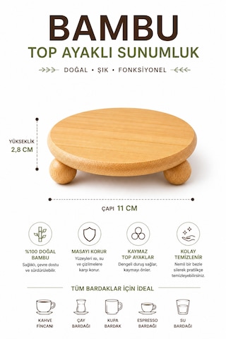 Bambu Top Ayaklı Bardak Altlığı 11 Cm Doğal Ahşap Sunumluk Isıya Dayanıklı Mini Stand