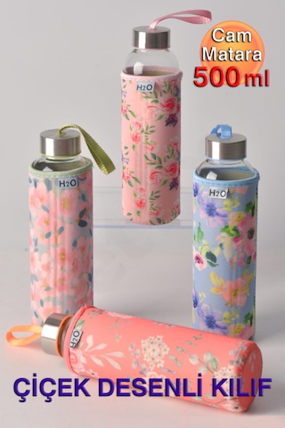 Çiçek Desenli Kılıflı Cam Matara 500 ml - Spor, Okul, Ofis ve Günlük Kullanım İçin Estetik Tasarımlı Su Şişesi