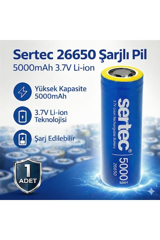 Sertec 26650 Şarjlı Pil 5000mah 3.7v Li-ion Başlıksız Düz