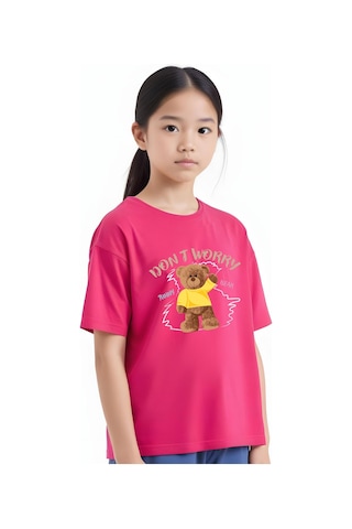 Panios Kids Baskılı Kız Çocuk Kısa Kollu T-shirt Fuşya