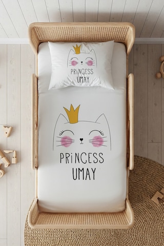 %100 Pamuk Saten İsme Özel İsimli 100x200 Tek Kişilik Lastikli Çarşaf Seti Princess Beyaz