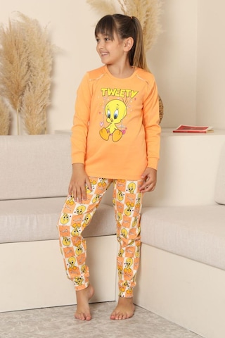 Miniğimin Cicileri Sevimli Civciv Baskılı Kız Çocuk Pijama Ta... Turuncu