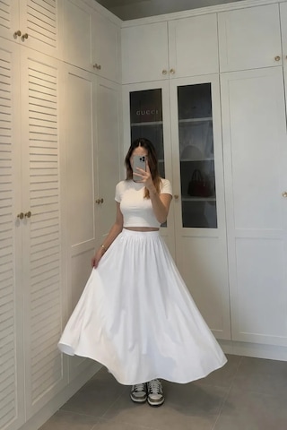 Kadın Beyaz Poplin Kumaş Uzun Etek Beli Lastikli Günlük Maxi Etek 90 Cm