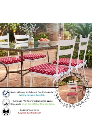 2 Adet 40x40 Cm Kırmızı Bağcıklı Sandalye Minderi Pamuk Polyester Mutfak Ve Bahçe Minderi