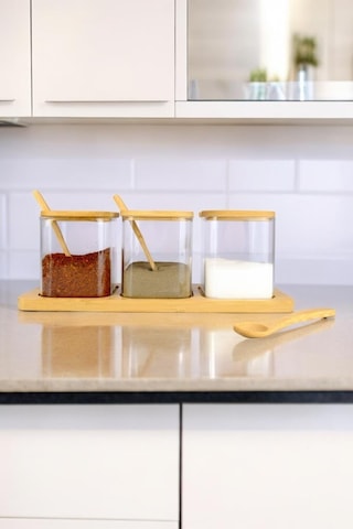 Digithome 3 Lü Borosilikat İnce Cam Ve Ahşap Standlı Baharatlık Kavanoz Takımı Seti Kahverengi F/3 C1-1-289