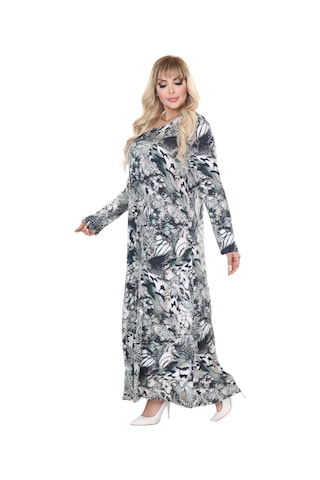 Melsay Butik Gri Yeşil Timsah Desen Uzun Kollu Kadın Tesettür Elbise Gri