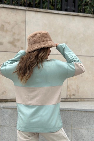 WeShaya Kadın Mint Uzun Kol, Dik Yaka, Fermuarlı, Double Color Block Basic Sweatshirt Bluz Mint