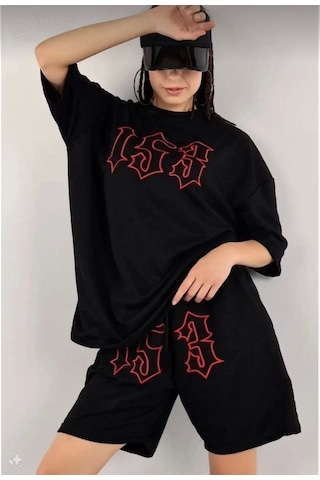Tarzyeri Kadın Unisex Nakış İşlemeli Şort Takım - Siyah Siyah