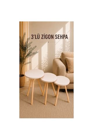 Zigon Sehpa Vizon 3'lü Ahşap Ayaklı Yuvarlak Modern Yan Sehpa Seti Bej Bej