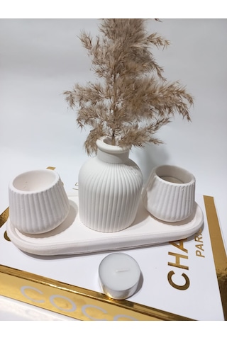 Küp Vazolu Tabaklı Tealight Mumluk Set Beyaz
