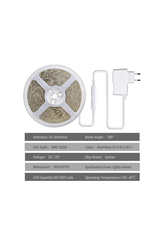 Bitkiler İçin 5m Lamba Tam Spektrumlu Led Şerit Işık 300 Led 5050 Büyüme Işıkları Kırmızı:mavi 3:1 4:1 5:1 Sera Topraksız Tesisi İçin + Güç Adaptörü Uk Plug 5:1 Ip65 Uk Plug 5:1 Ip65