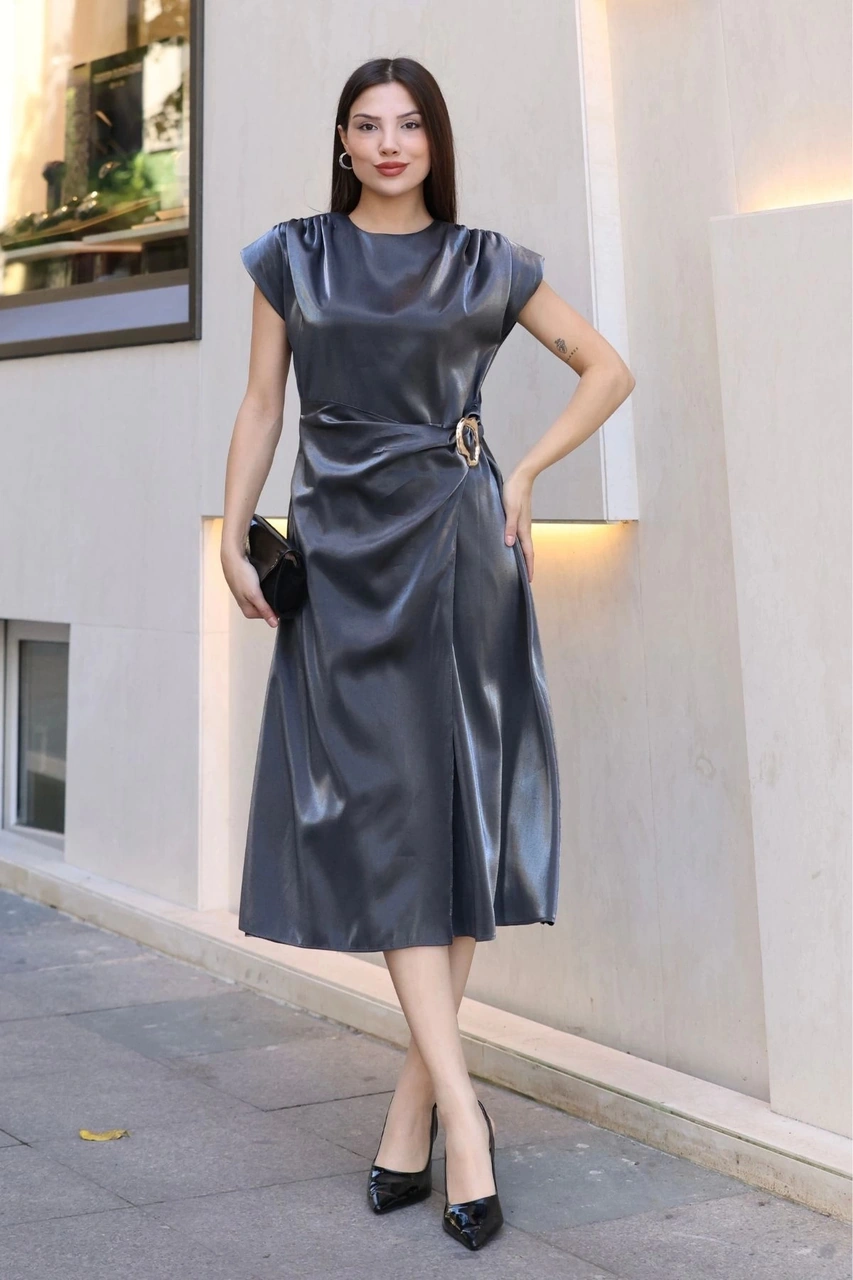 Lodmela Toka Ve Drape Detaylı Soft Saten Midi Elbise 6042-antrasit Antrasit