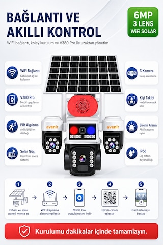 Avenir Tk-s1463w 6mp 3 Kameralı 4g Sım Kartlı Solar Ptz Kamera 12000mah Batarya, V380 Pro