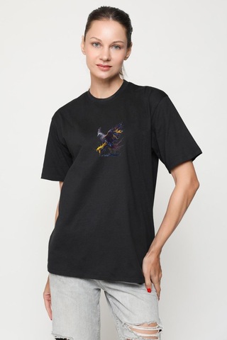 Kara Kartal Sulu Boya Siyah Oversize Unisex Ön Orta Minimal Baskılı Tişört Siyah