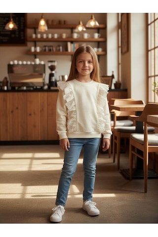 Kız Çocuk Pamuklu Dantel Detaylı Sweatshirt-16338 KREM