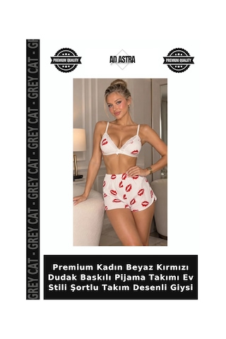 Grey Cat Premium Kadın Beyaz Kırmızı Dudak Baskılı Pijama Takımı Ev Stili Şortlu Takım Desenli Giysi Beyaz - Kırmızı